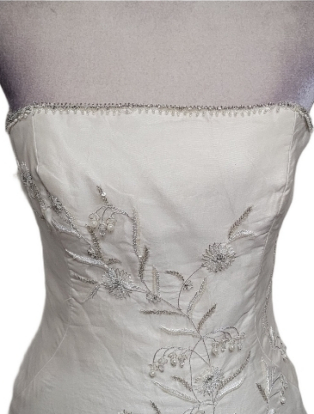 90s Vintage Lazaro Cream Silk Floral Embroidered Pearl Strapless Column Dress 10 - Picture 3 of 13